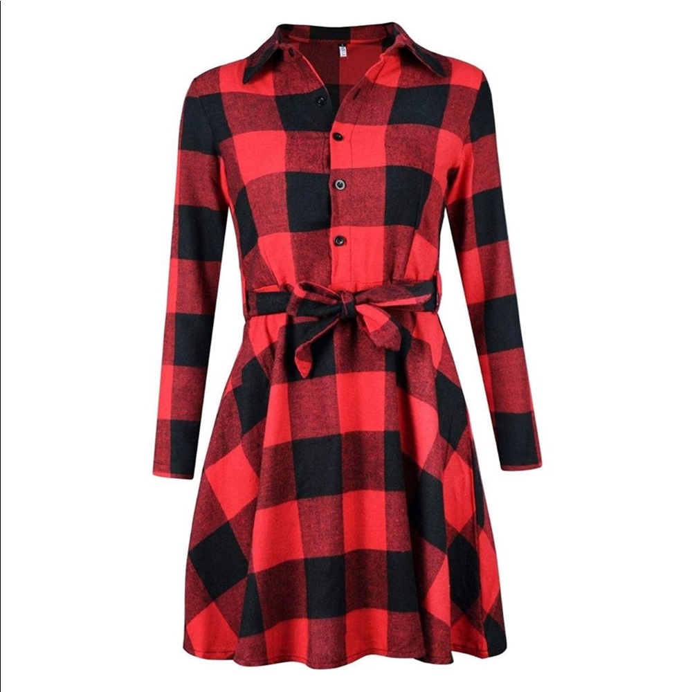 Buffalo Plaid Button Down Dress with Tie Belt